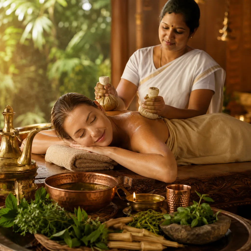 Entschlackung des Körpers nach Ayurveda – Kräutermassage in einer Klinik in Indien