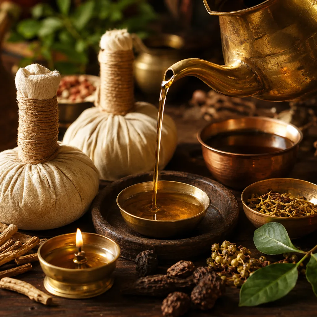 Ayurvedische Entgiftung – Öl, Kräuter und Potalis für Behandlungen