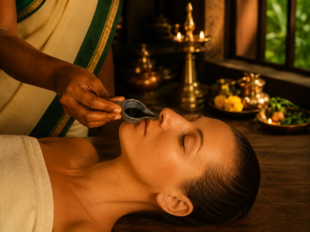 Nasya is the administration of medicated oil through the nose within Ayurvedic Panchakarma.