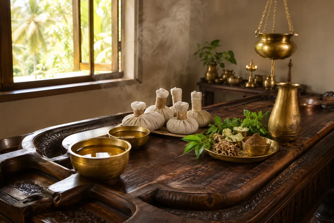 Panchakarma procedures - oils, Kizhi herbal poultices and brass utensils in an Ayurvedic clinic