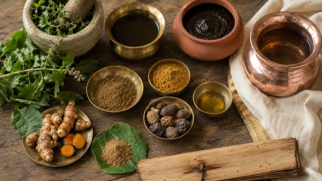 What is Ayurveda - herbs, oils and brassware of Ayurvedic medicine