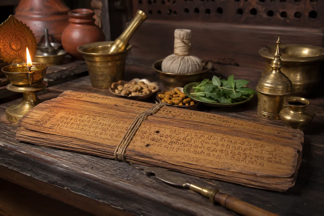 The history of Ayurveda – ancient palm-leaf manuscripts and brass instruments