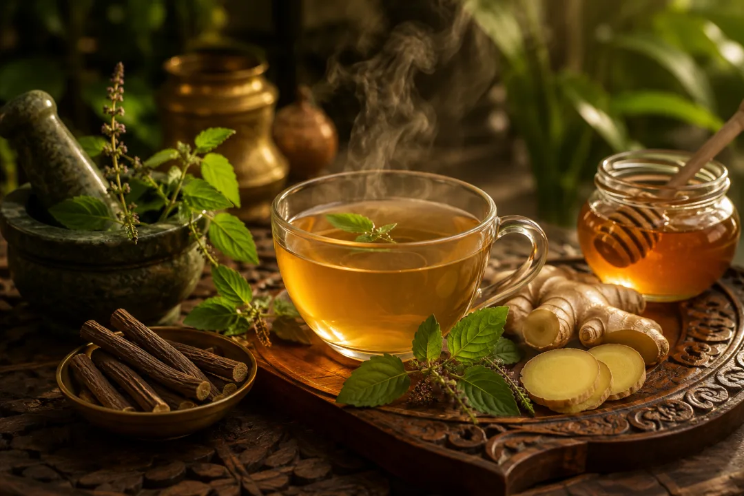 Ayurveda for bronchitis — a warm herbal tea with ginger and tulsi for breathing