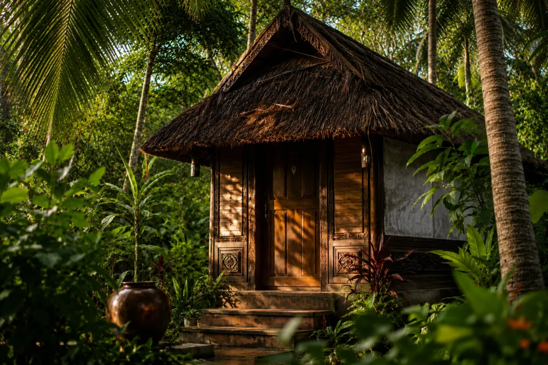 Traditionelle ayurvedische Hütte (Kuti) für die Kuti-Praveshika-Kur in Kerala